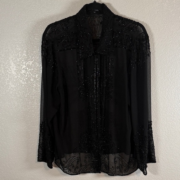 Jkara Black Beaded Sheer Over Shirt Size 1XL - Picture 2 of 10